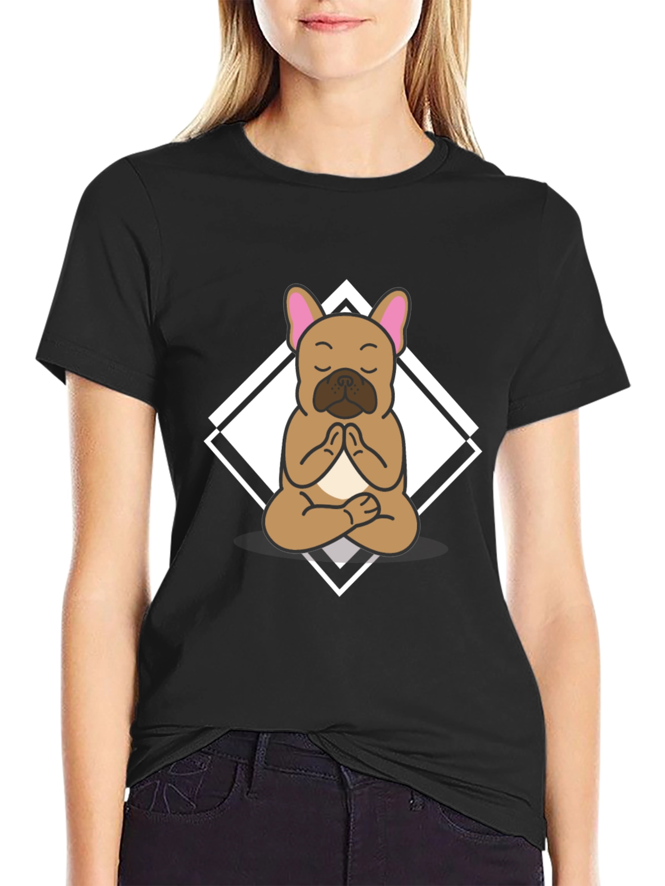Camiseta Negra con Diseño de Bulldog Francés Meditando