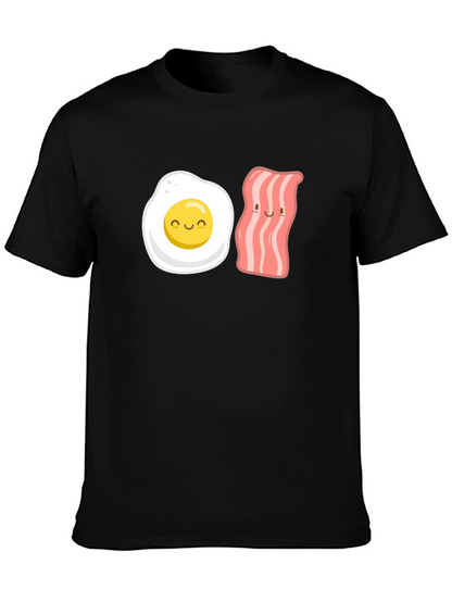 Camiseta Negra con Estampado Divertido de Huevo y Tocineta