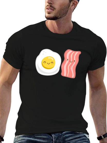 Camiseta Negra con Estampado Divertido de Huevo y Tocineta