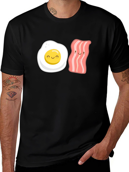 Camiseta Negra con Estampado Divertido de Huevo y Tocineta