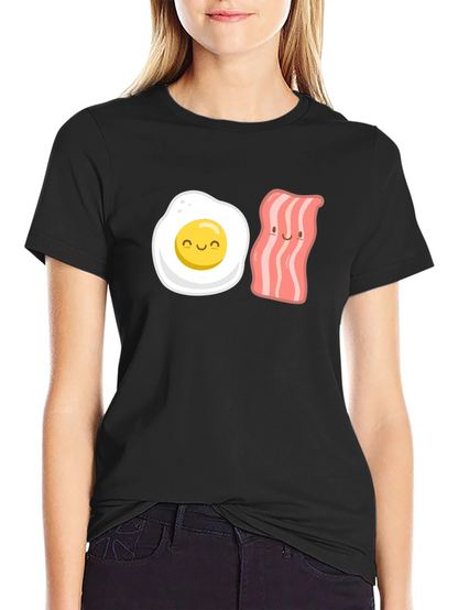 Camiseta Negra con Estampado Divertido de Huevo y Tocineta
