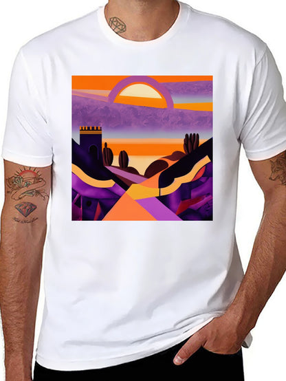 Camiseta Negra con Diseño Abstracto de Paisaje al Atardecer
