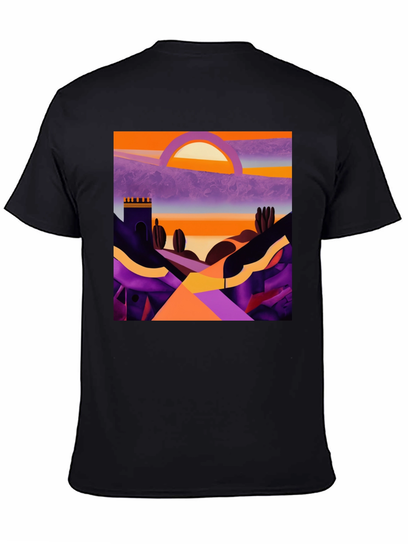 Camiseta Negra con Diseño Abstracto de Paisaje al Atardecer