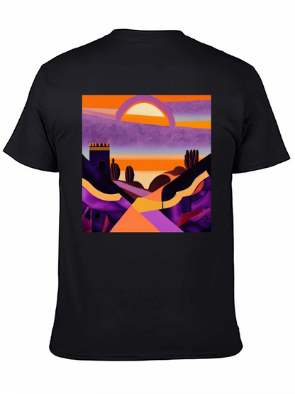 Camiseta Negra con Diseño Abstracto de Paisaje al Atardecer