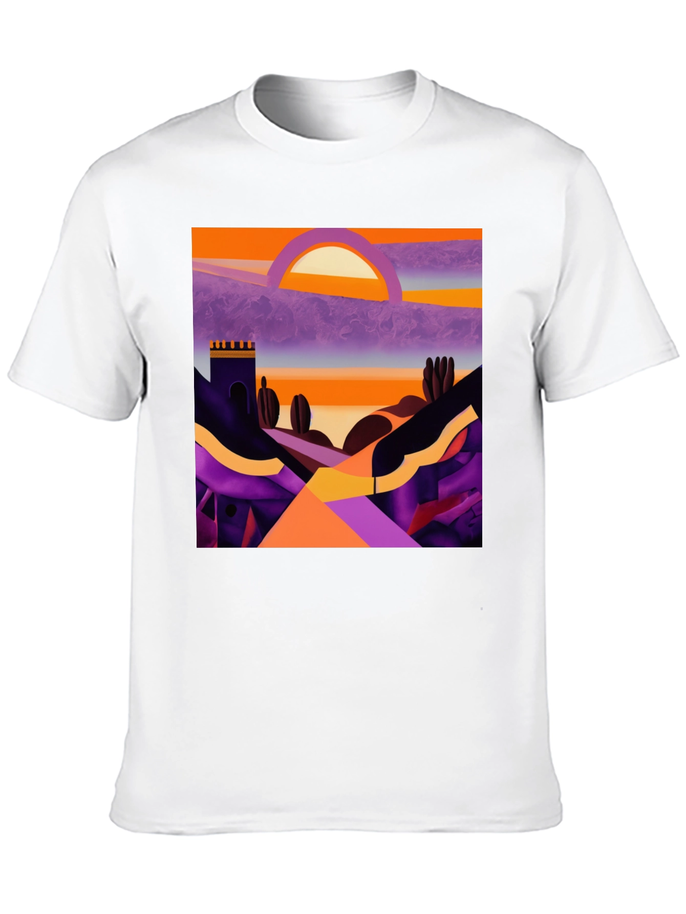 Camiseta Negra con Diseño Abstracto de Paisaje al Atardecer