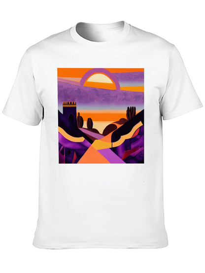 Camiseta Negra con Diseño Abstracto de Paisaje al Atardecer