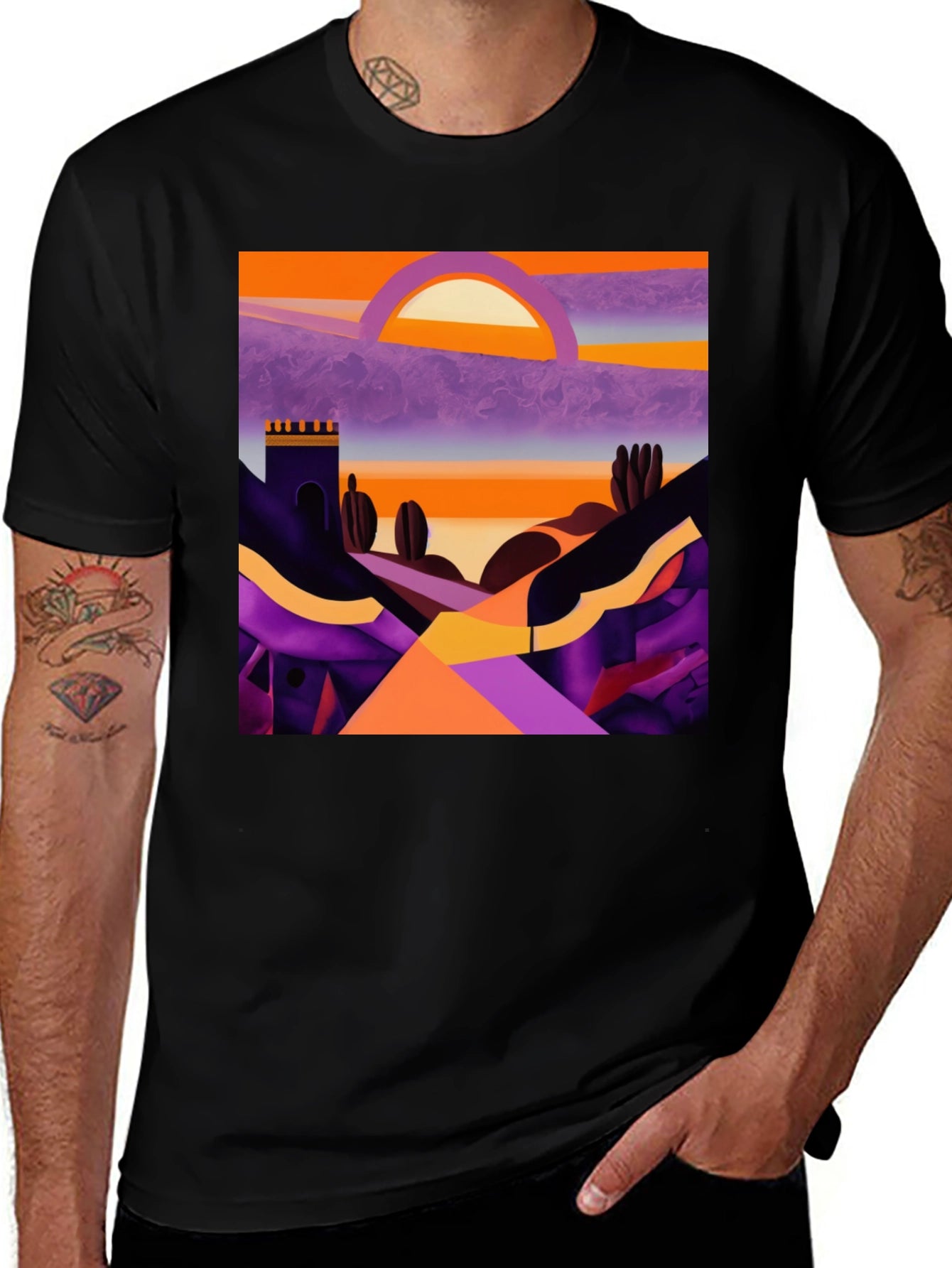 Camiseta Negra con Diseño Abstracto de Paisaje al Atardecer
