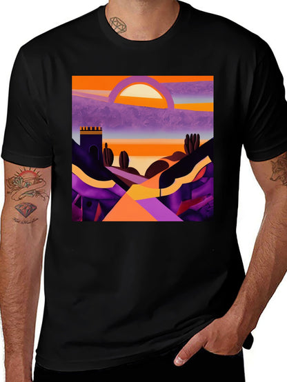 Camiseta Negra con Diseño Abstracto de Paisaje al Atardecer