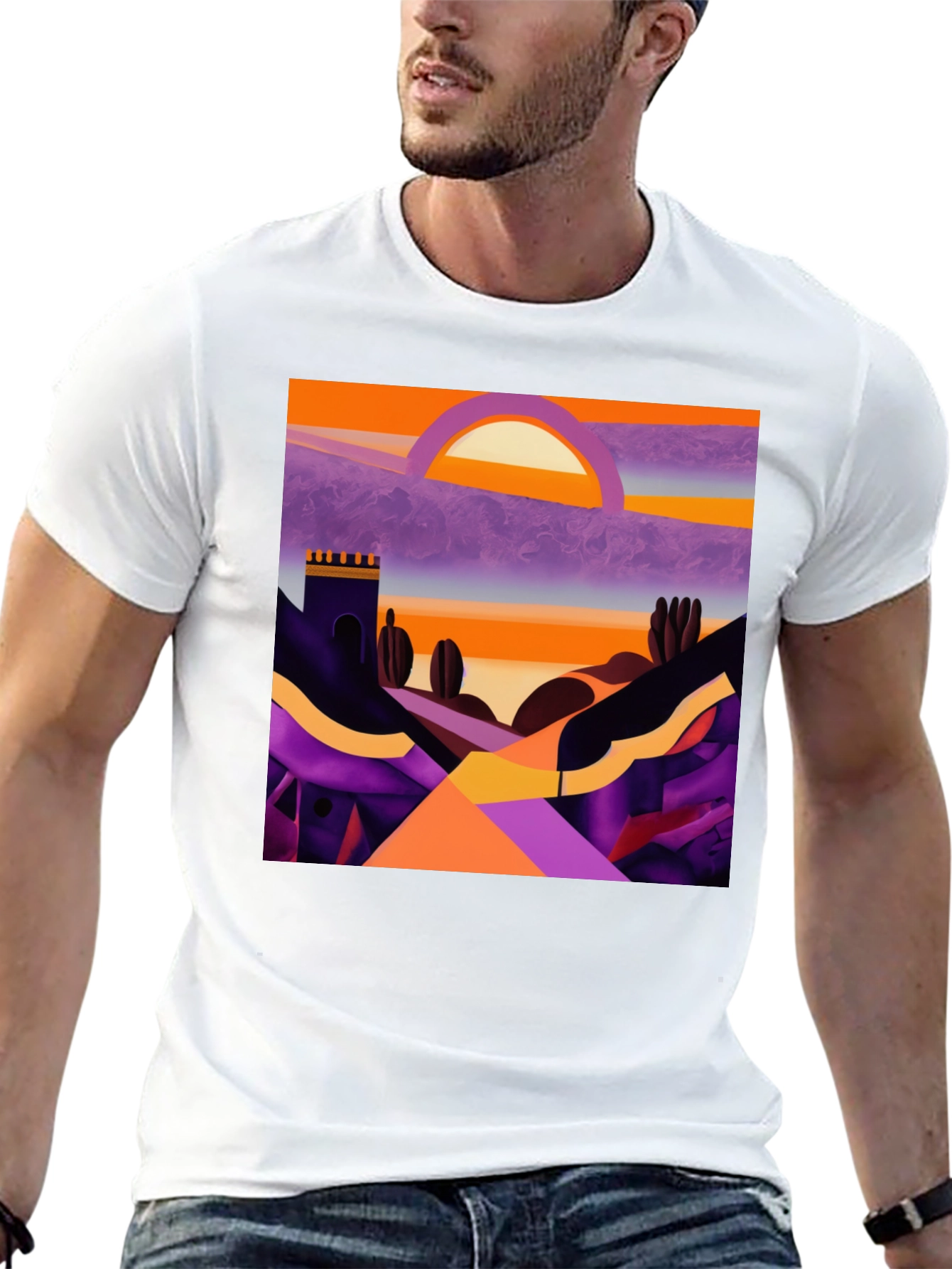 Camiseta Negra con Diseño Abstracto de Paisaje al Atardecer