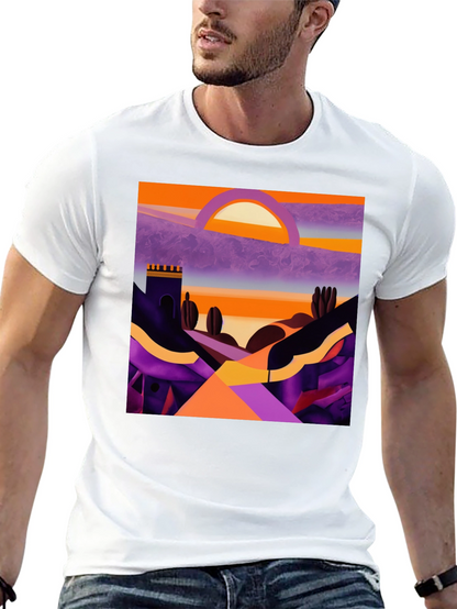 Camiseta Negra con Diseño Abstracto de Paisaje al Atardecer
