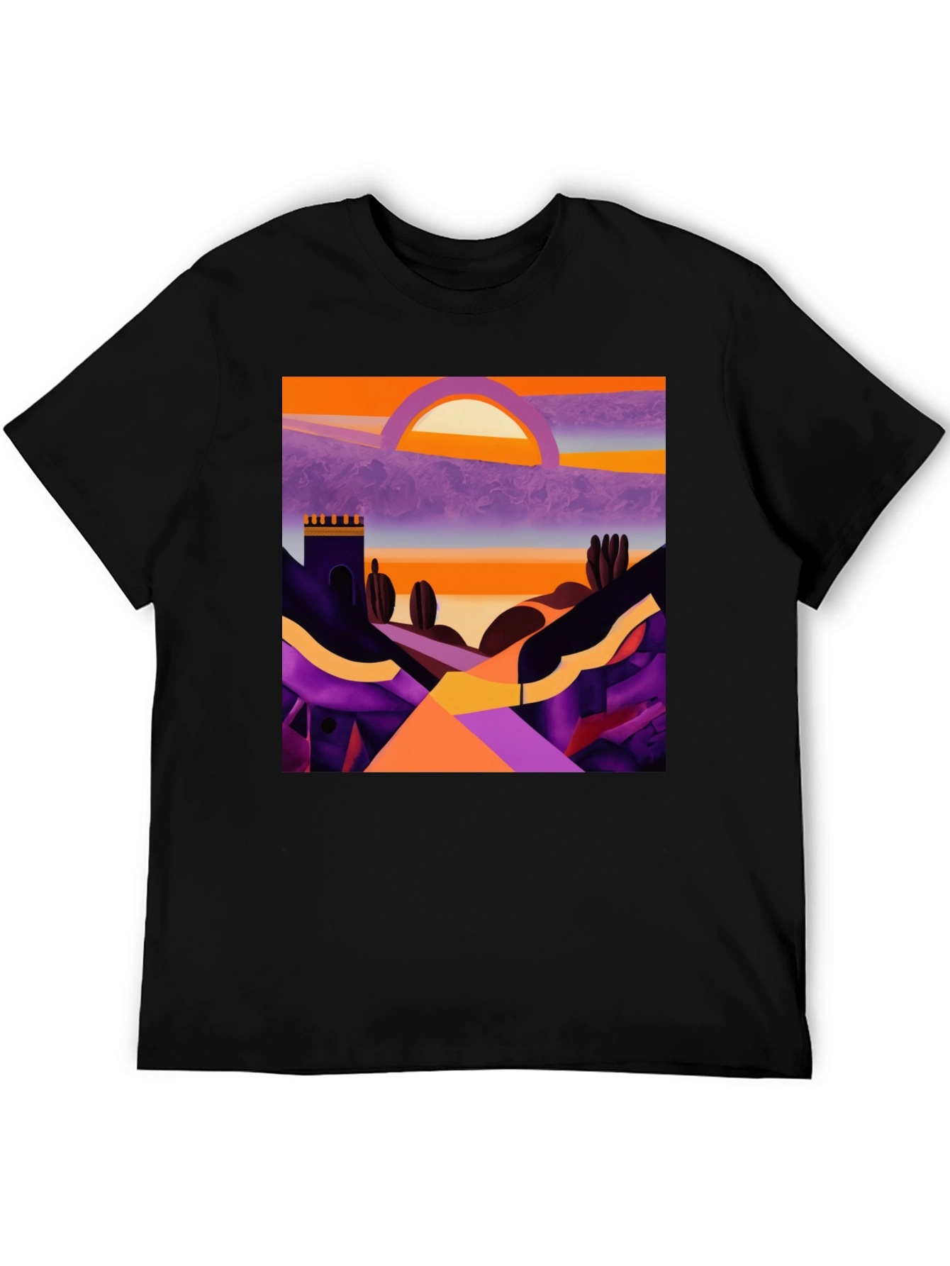 Camiseta Negra con Diseño Abstracto de Paisaje al Atardecer