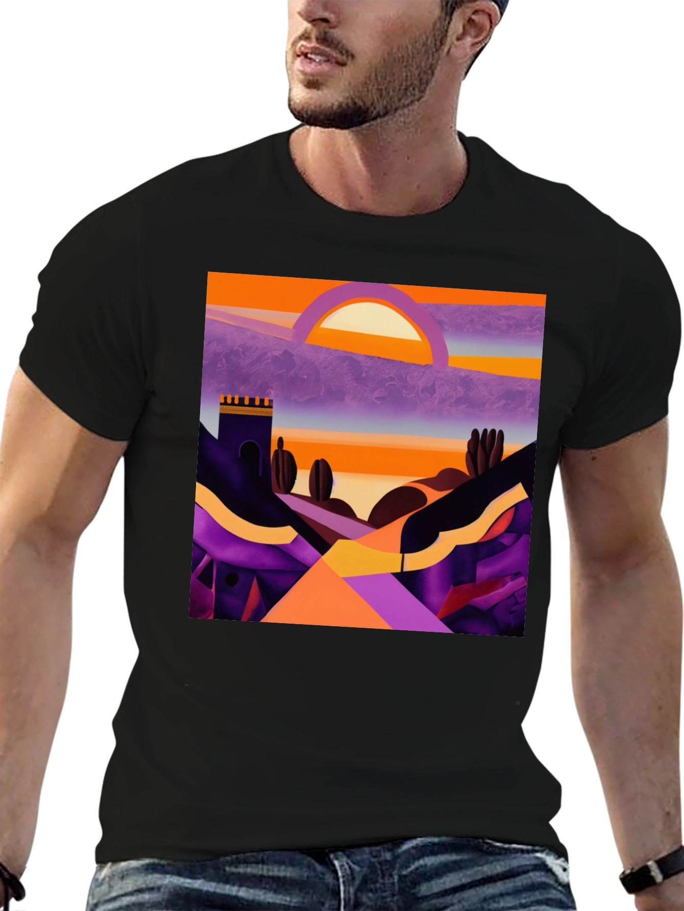 Camiseta Negra con Diseño Abstracto de Paisaje al Atardecer