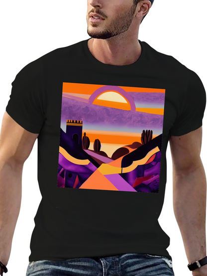 Camiseta Negra con Diseño Abstracto de Paisaje al Atardecer