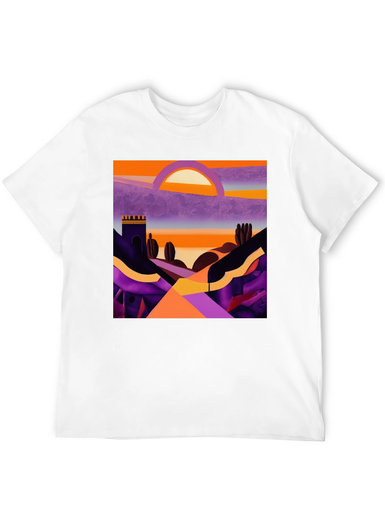 Camiseta Negra con Diseño Abstracto de Paisaje al Atardecer
