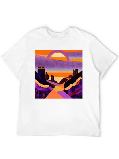 Camiseta Negra con Diseño Abstracto de Paisaje al Atardecer