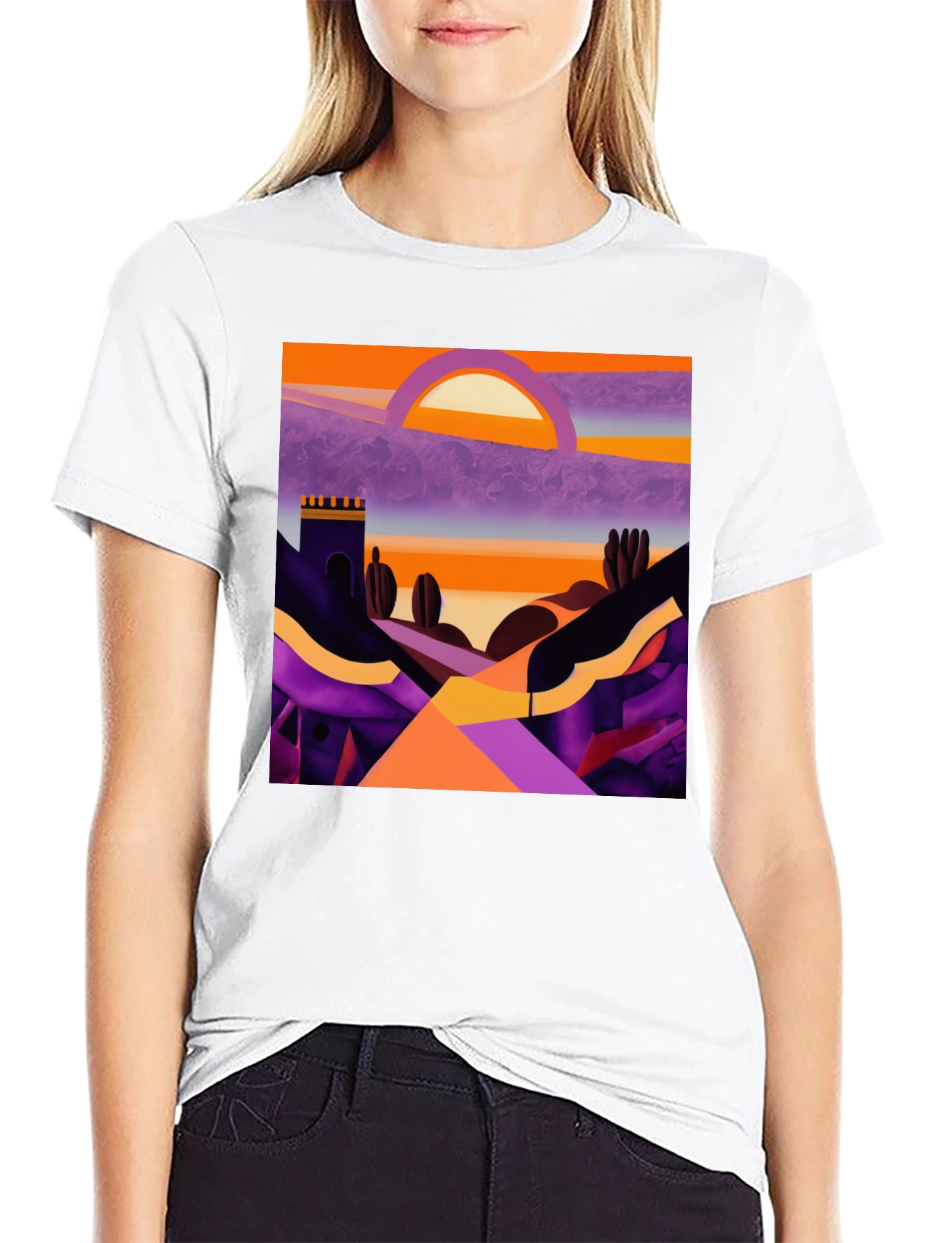 Camiseta Negra con Diseño Abstracto de Paisaje al Atardecer