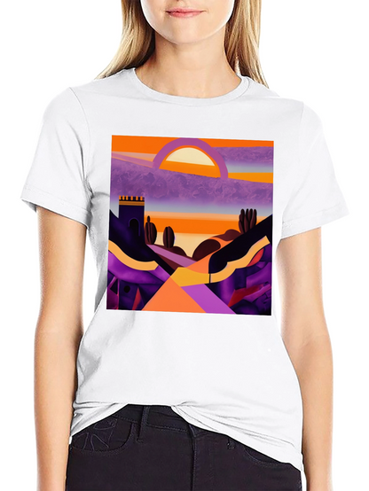 Camiseta Negra con Diseño Abstracto de Paisaje al Atardecer
