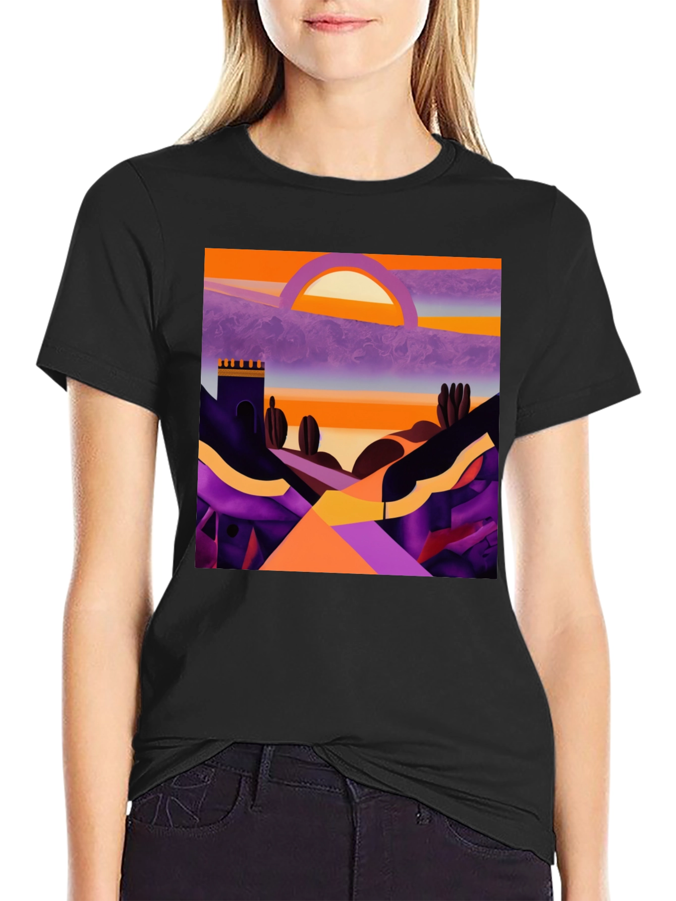 Camiseta Negra con Diseño Abstracto de Paisaje al Atardecer