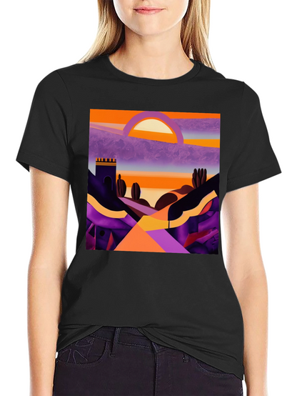 Camiseta Negra con Diseño Abstracto de Paisaje al Atardecer