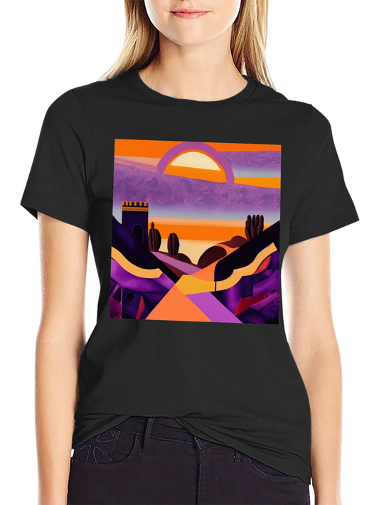 Camiseta Negra con Diseño Abstracto de Paisaje al Atardecer