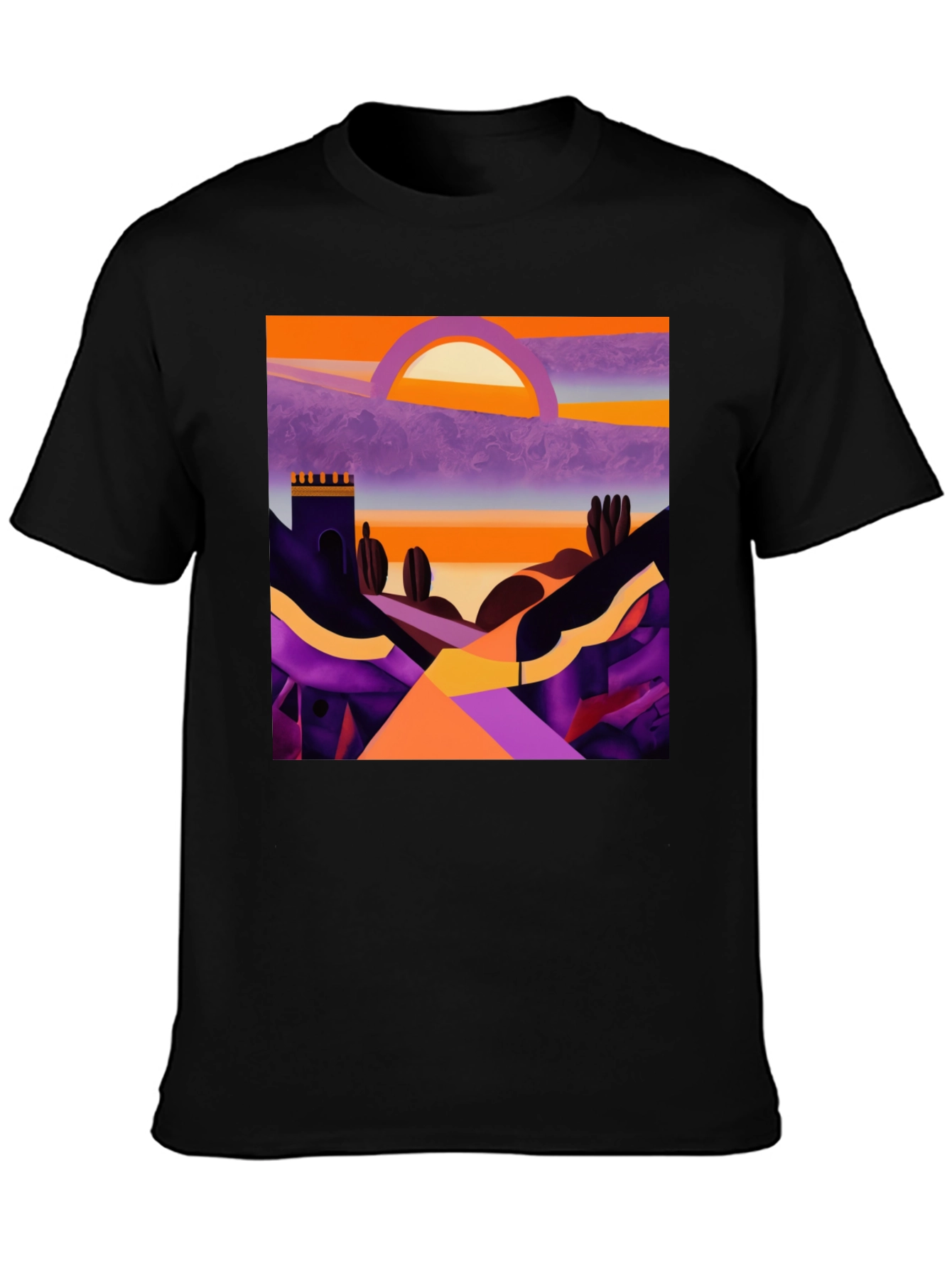 Camiseta Negra con Diseño Abstracto de Paisaje al Atardecer