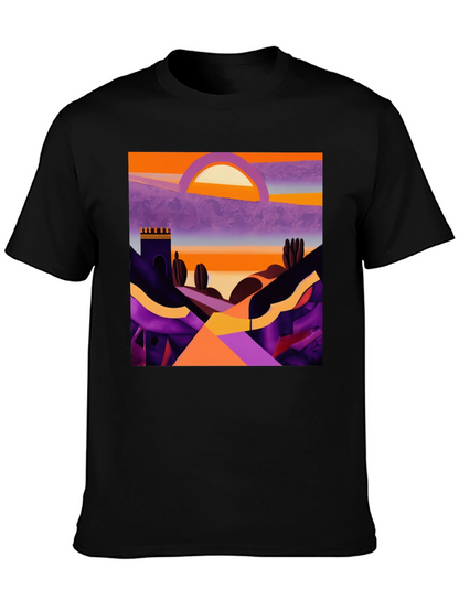 Camiseta Negra con Diseño Abstracto de Paisaje al Atardecer