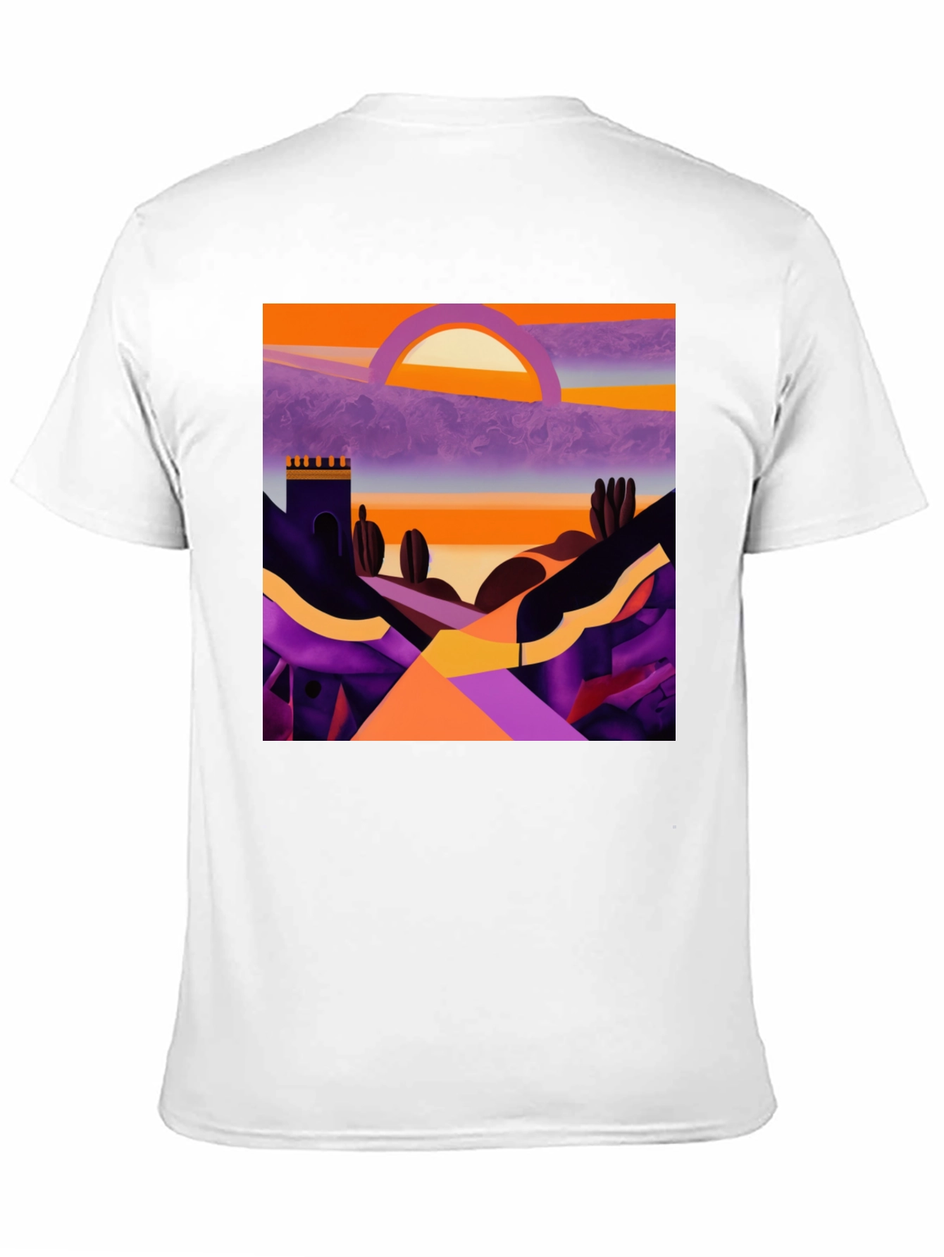 Camiseta Negra con Diseño Abstracto de Paisaje al Atardecer