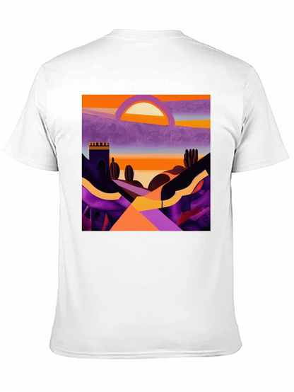 Camiseta Negra con Diseño Abstracto de Paisaje al Atardecer