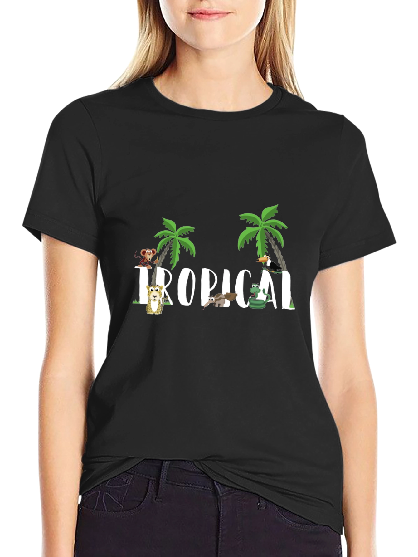 Camiseta Negra Tropical Animales Divertidos