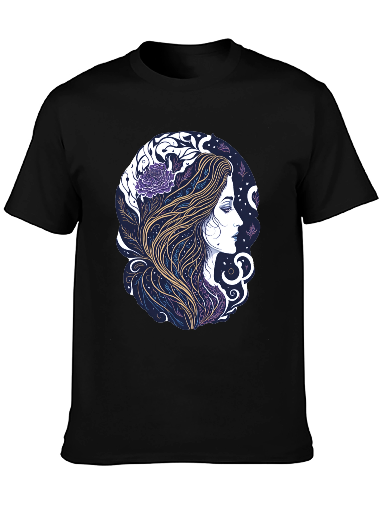 Camiseta Negra con Diseño Floral Artístico de Mujer