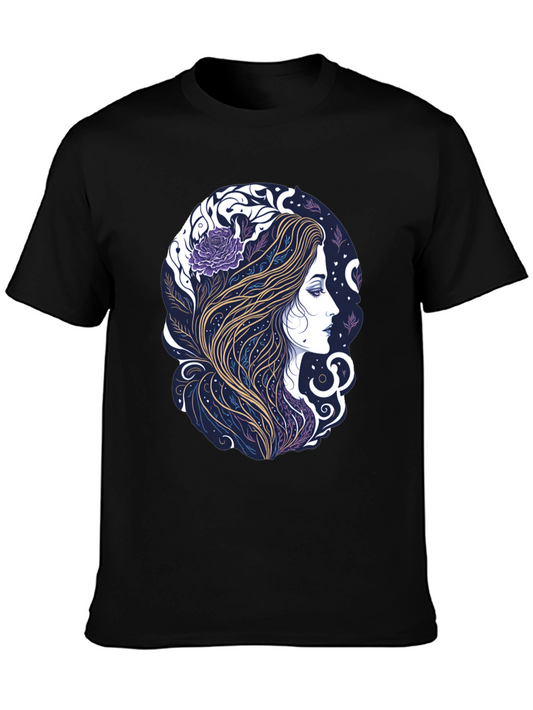 Camiseta Negra con Diseño Floral Artístico de Mujer