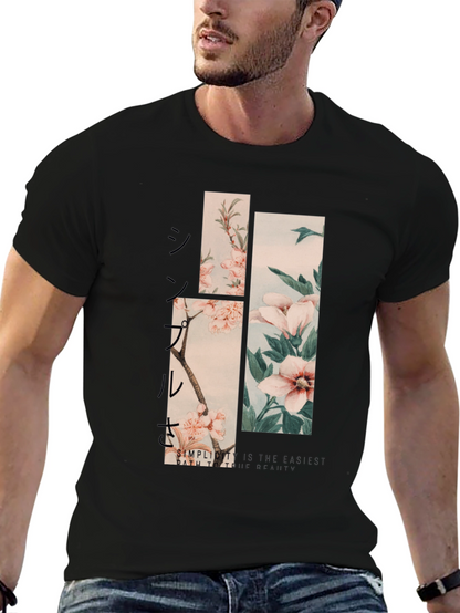 Camiseta Negra Estampado Floral Japonés para Hombre