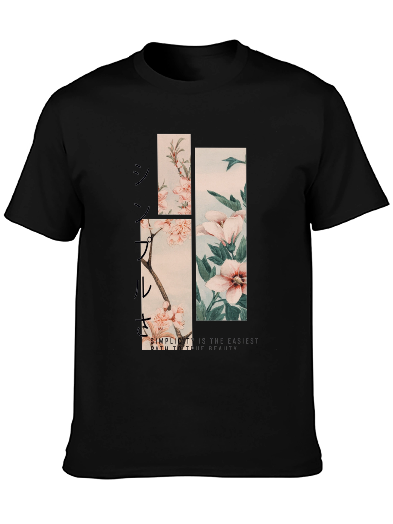 Camiseta Negra Estampado Floral Japonés para Hombre