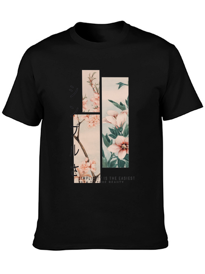 Camiseta Negra Estampado Floral Japonés para Hombre