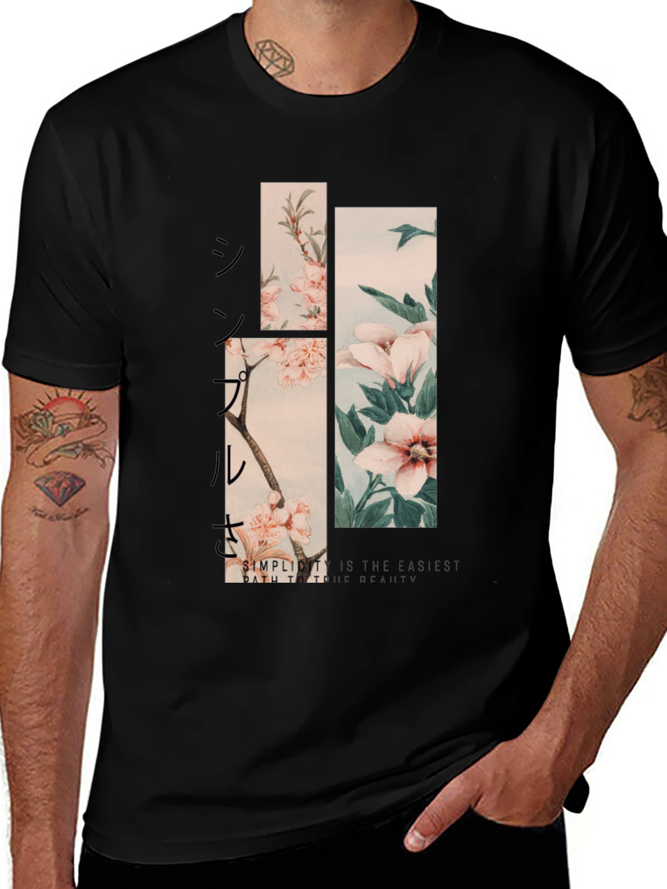 Camiseta Negra Estampado Floral Japonés para Hombre