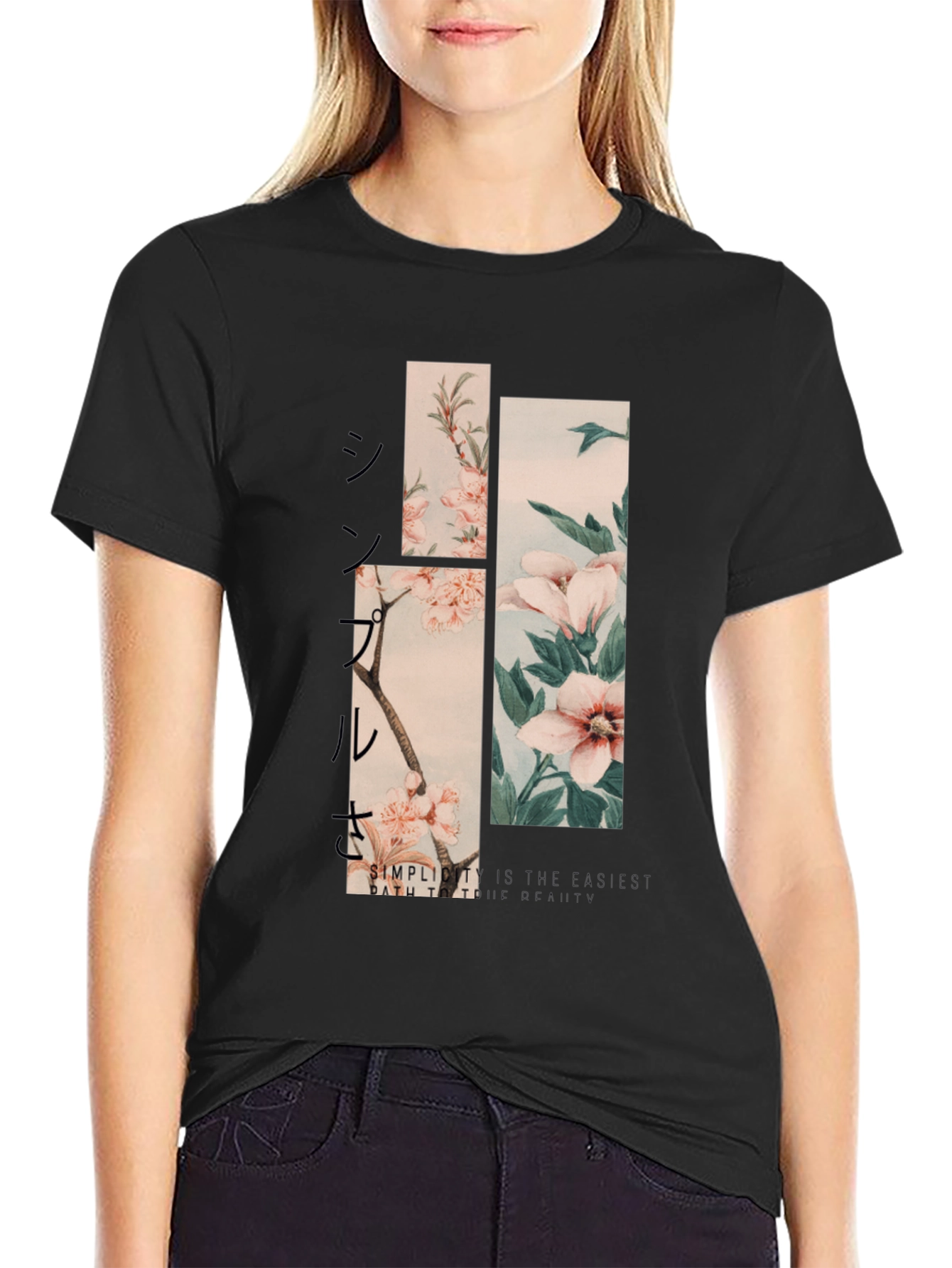 Camiseta Negra Estampado Floral Japonés para Hombre