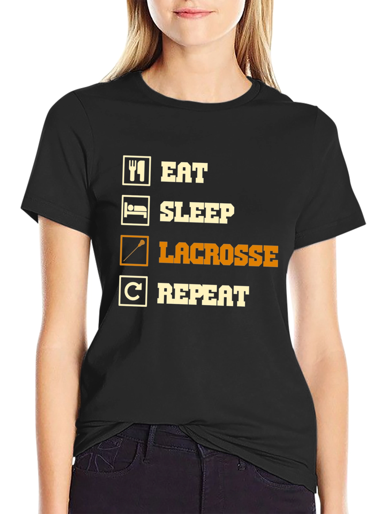 Camiseta Negra Lacrosse: Come Duerme Lacrosse Repite