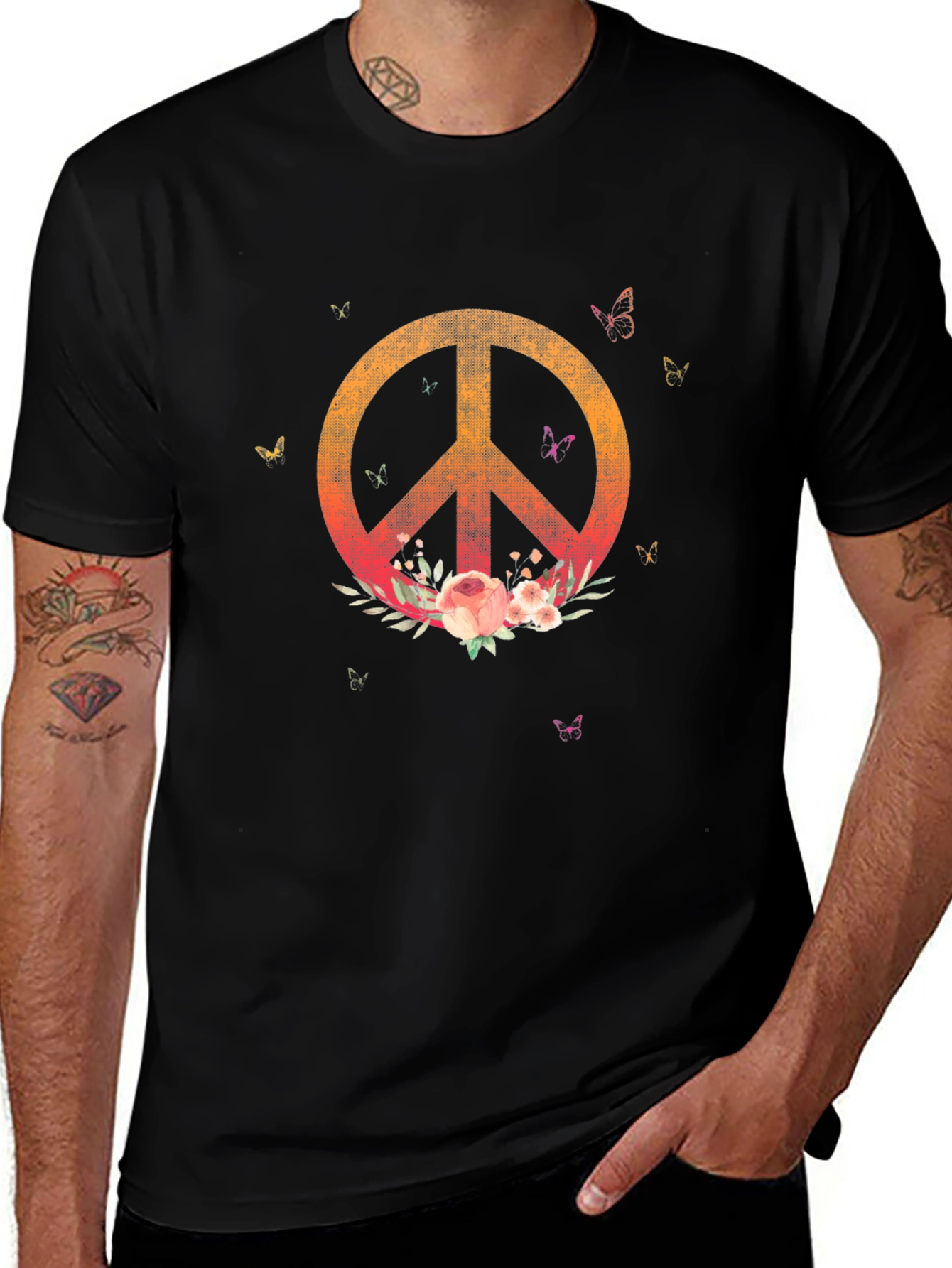 Camiseta Negra con Símbolo de Paz Floral