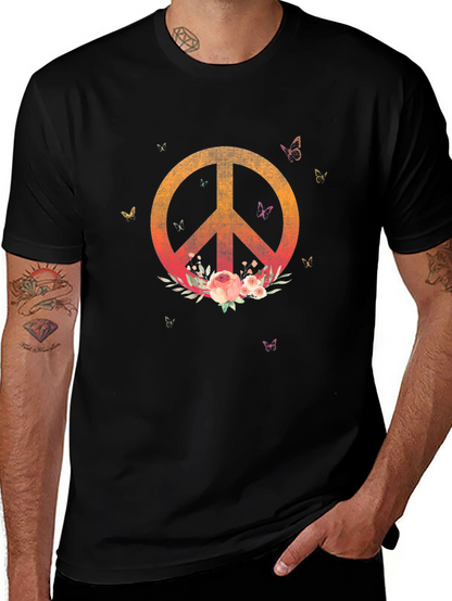 Camiseta Negra con Símbolo de Paz Floral