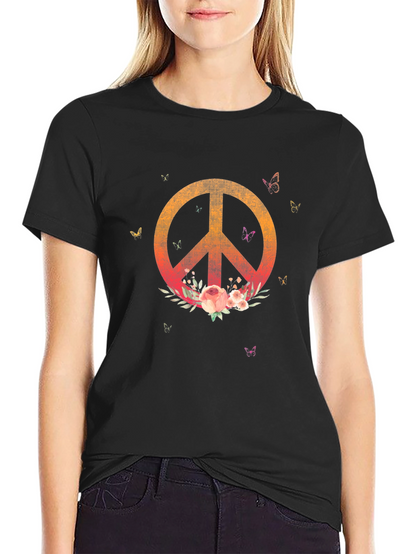Camiseta Negra con Símbolo de Paz Floral