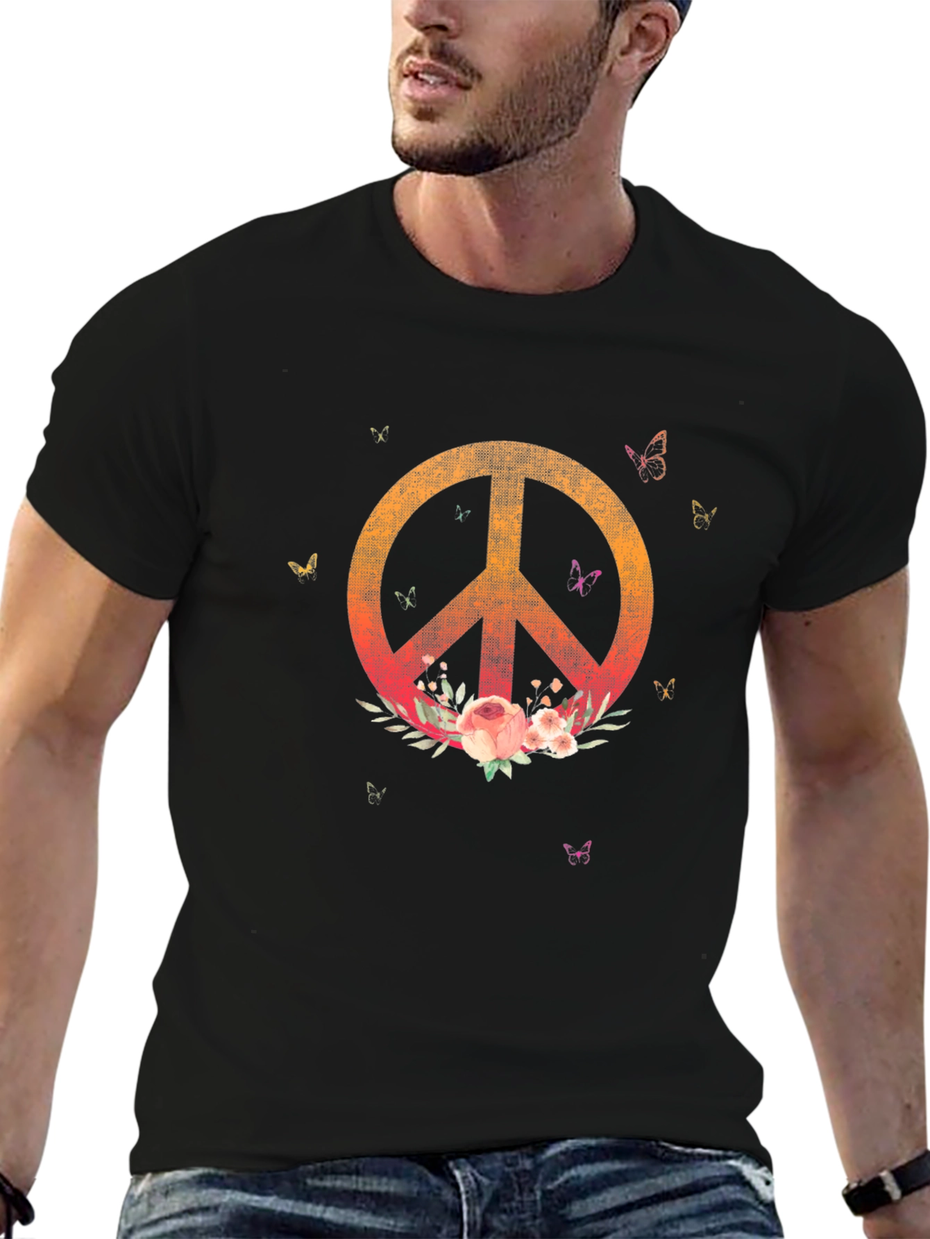 Camiseta Negra con Símbolo de Paz Floral