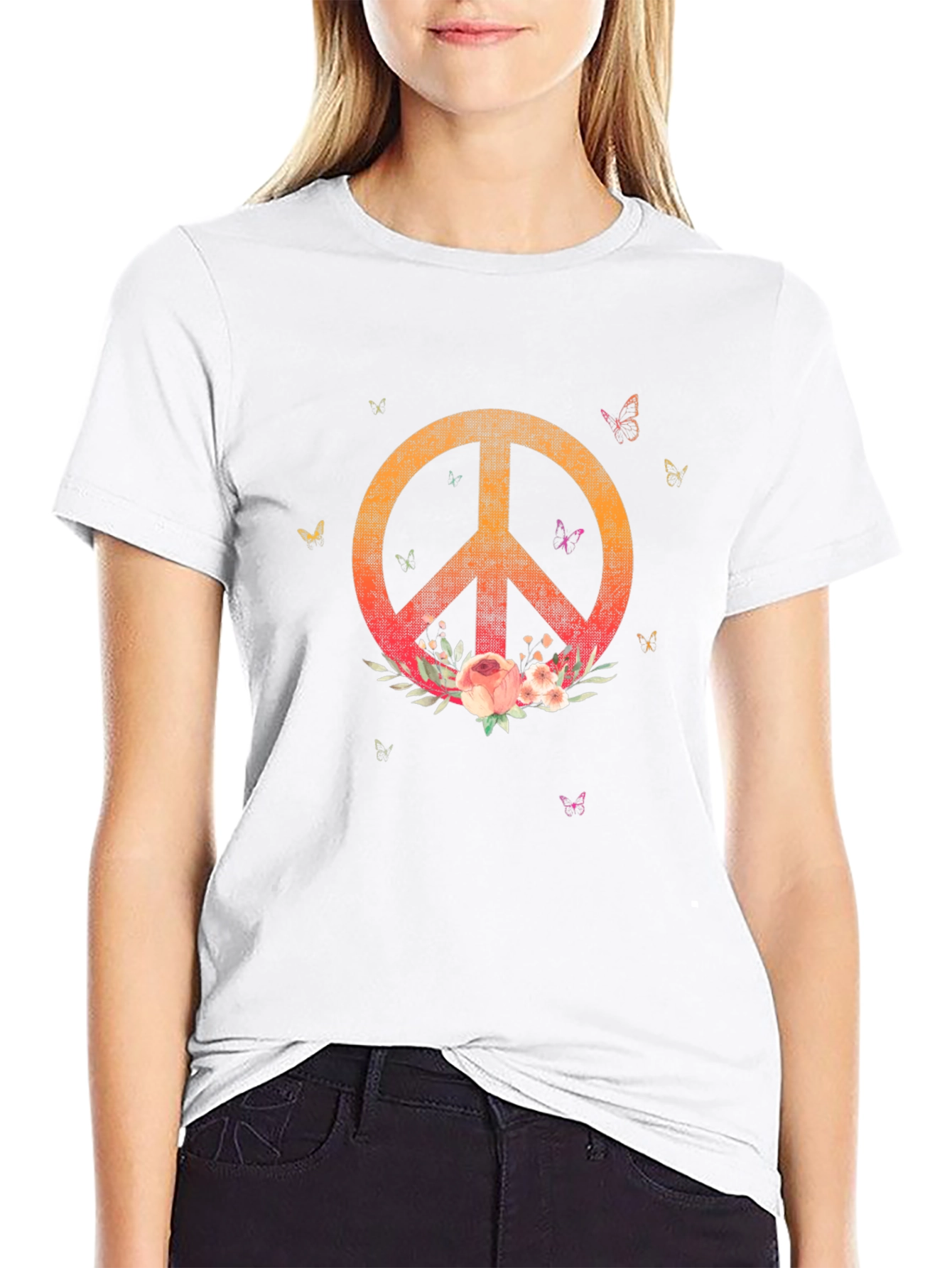 Camiseta Negra con Símbolo de Paz Floral