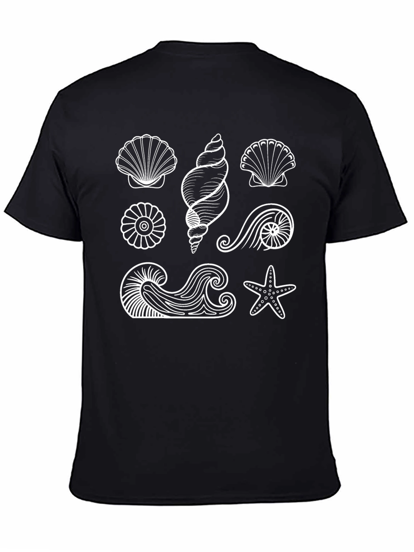 Camiseta Negra con Diseño de Conchas Marinas