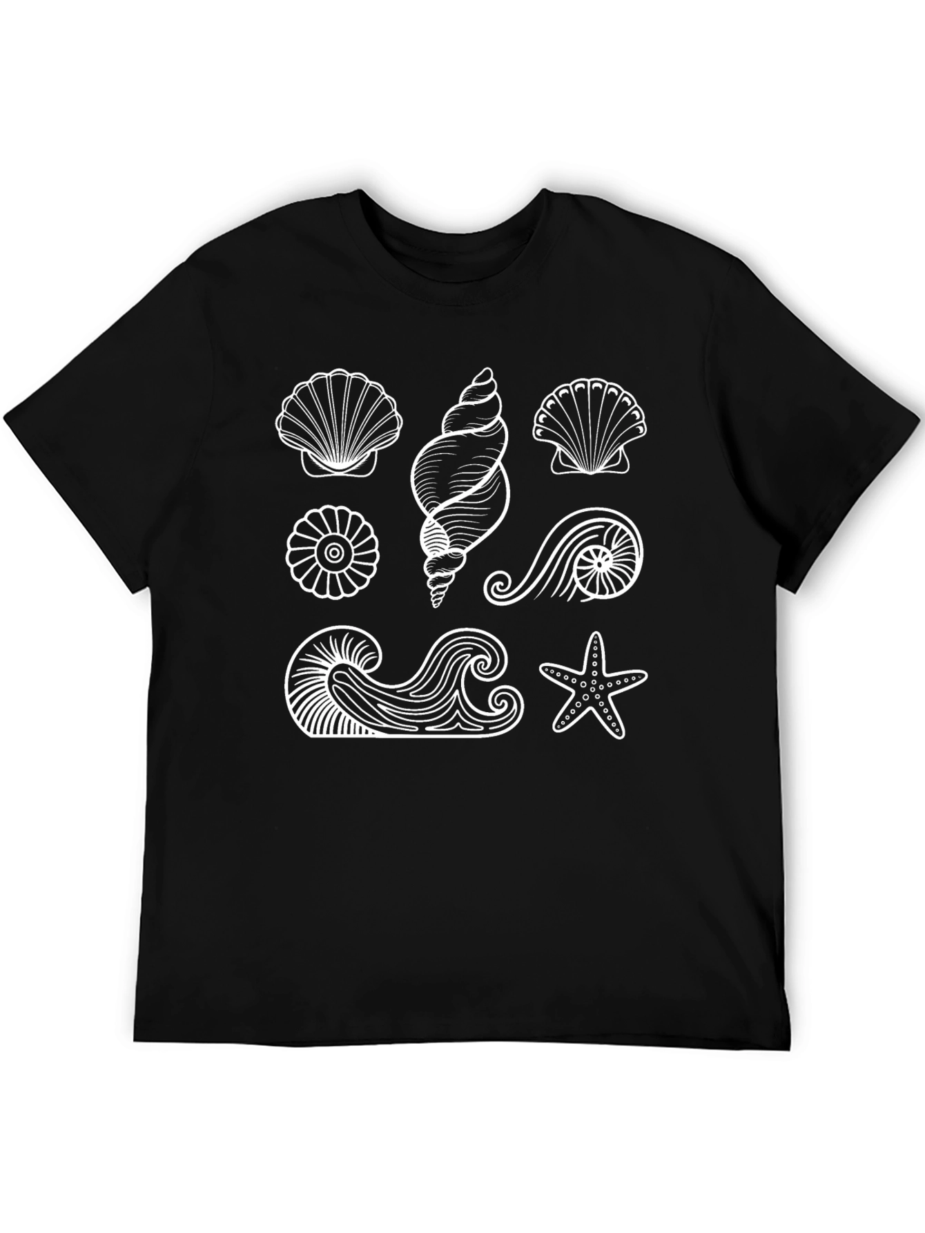 Camiseta Negra con Diseño de Conchas Marinas