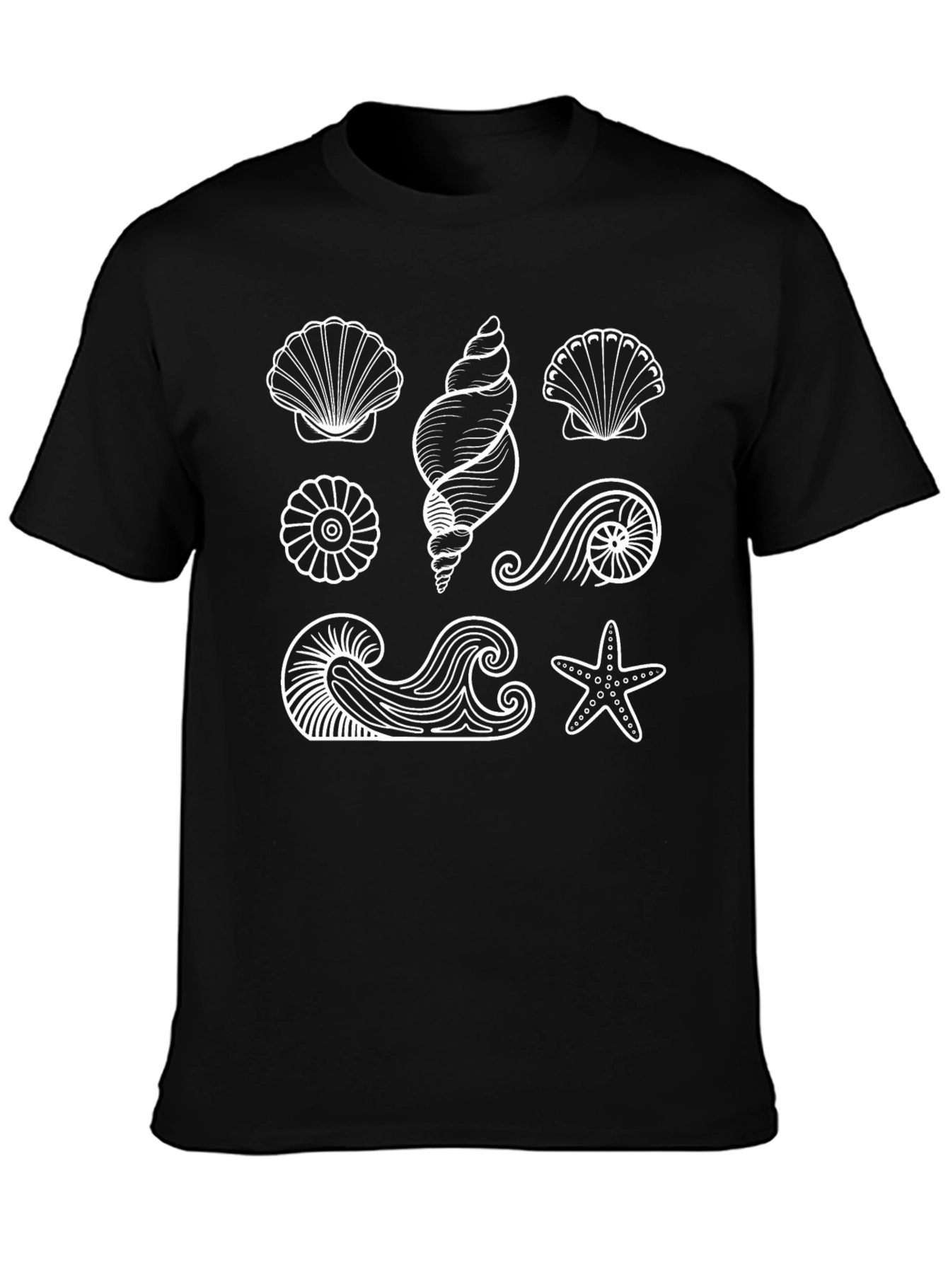 Camiseta Negra con Diseño de Conchas Marinas