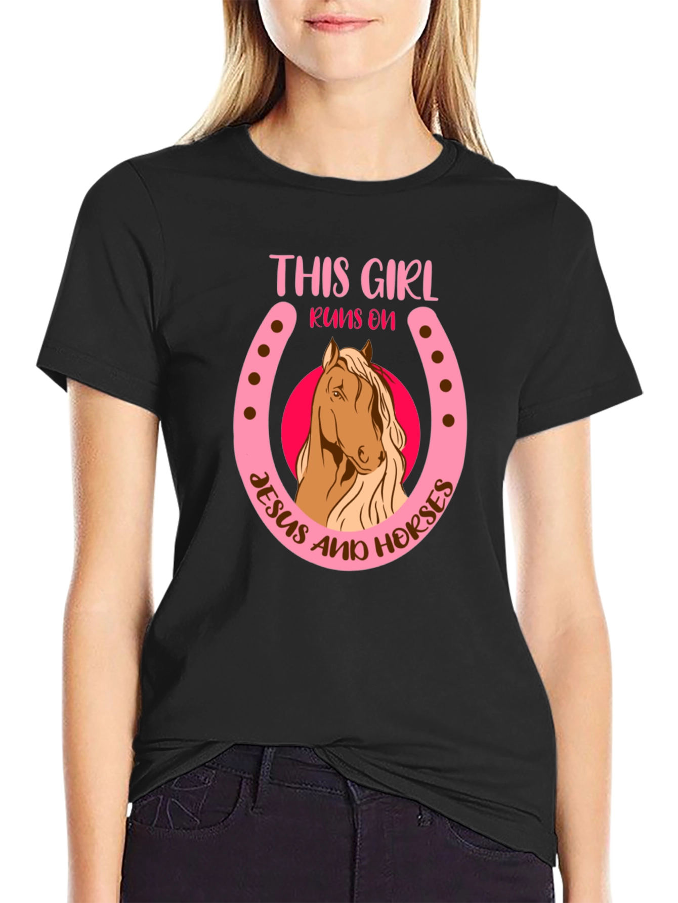 Camiseta Negra: Chica Jesús y Caballos