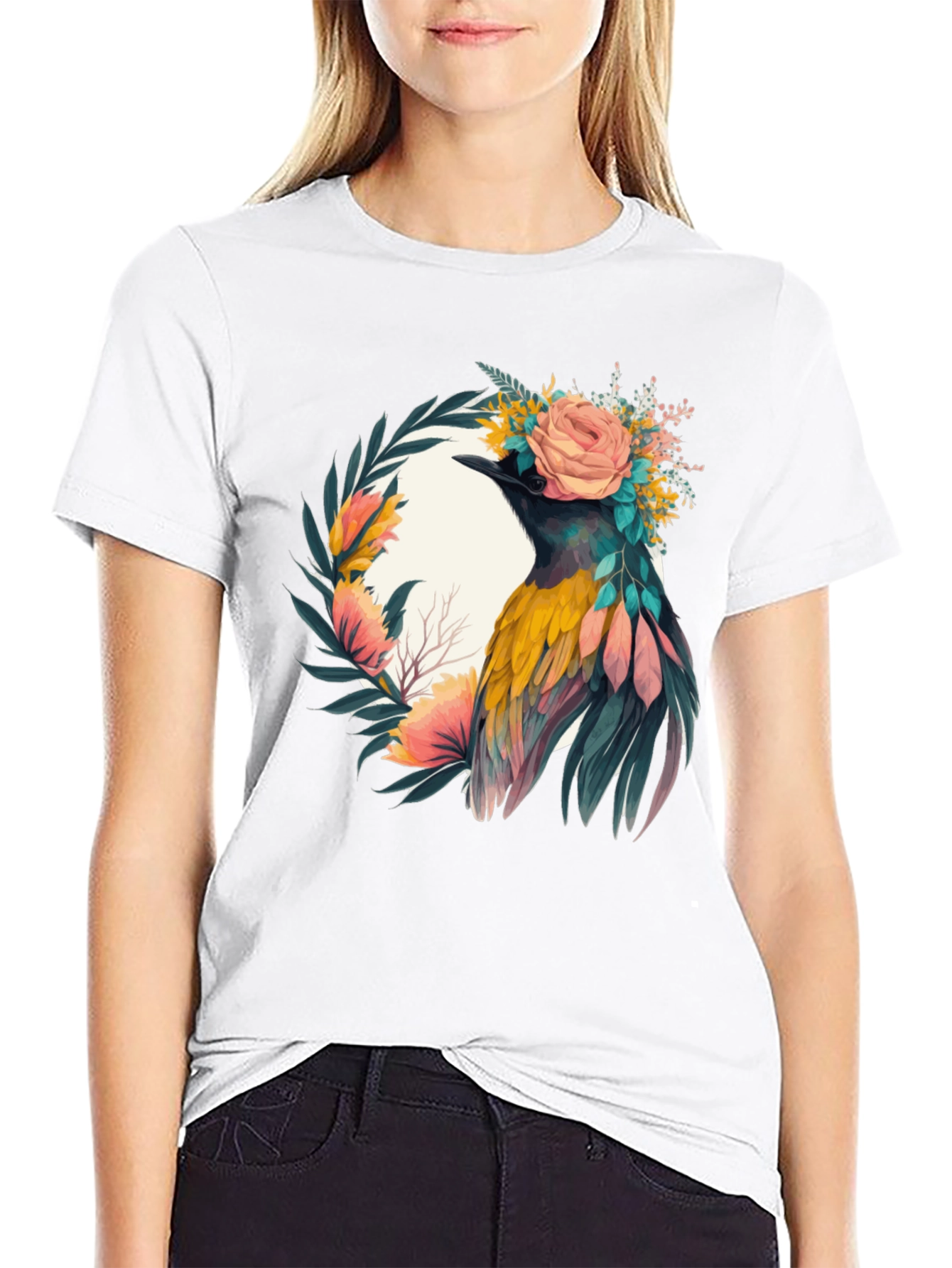 Camiseta Negra con Diseño de Ave Floral