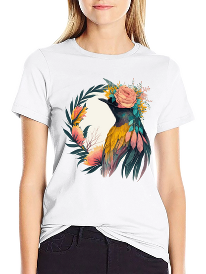 Camiseta Negra con Diseño de Ave Floral
