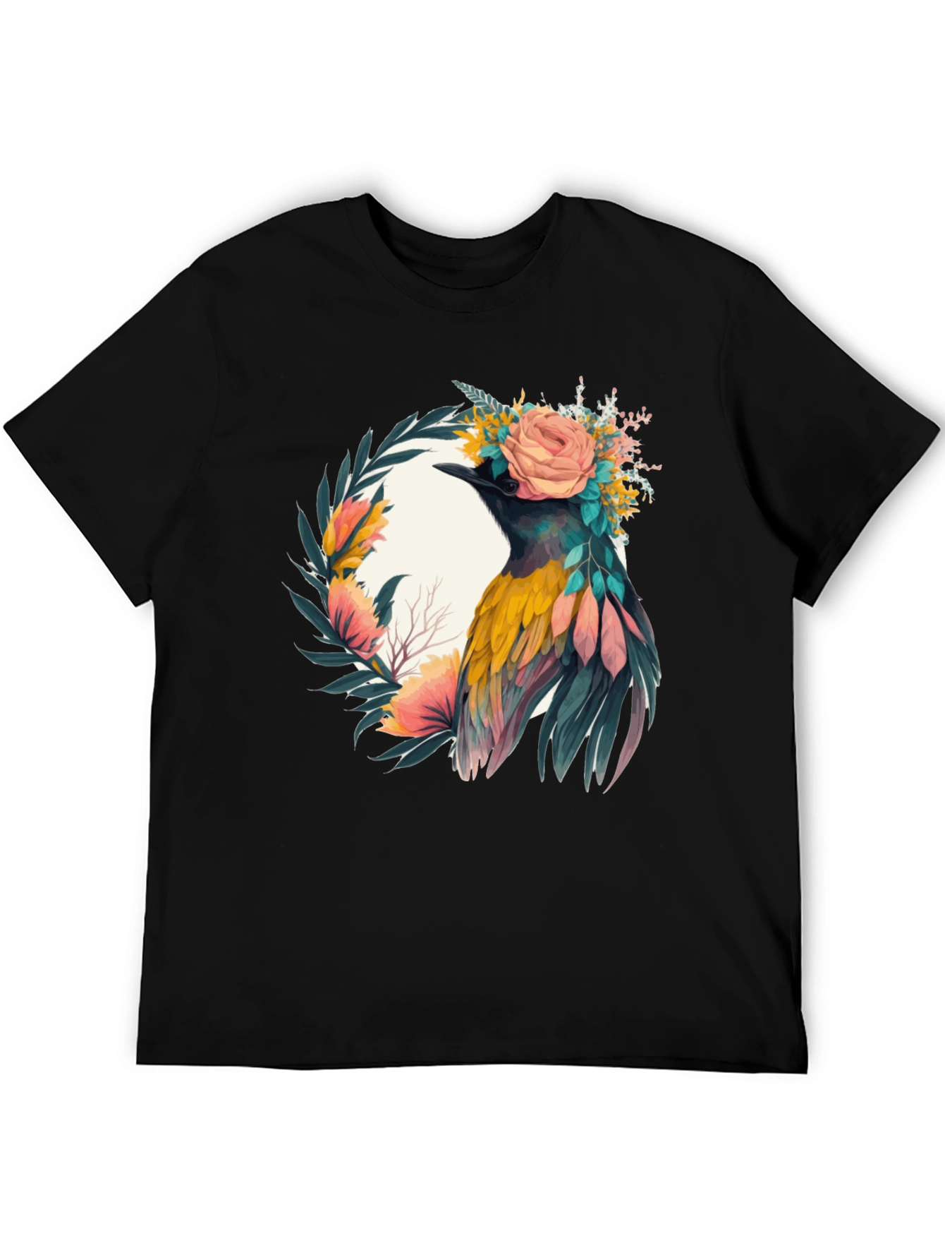 Camiseta Negra con Diseño de Ave Floral