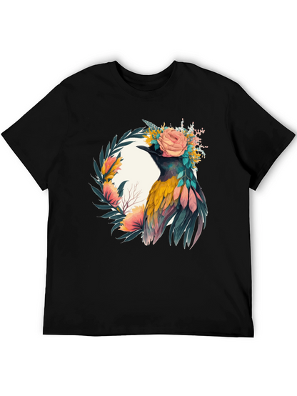 Camiseta Negra con Diseño de Ave Floral